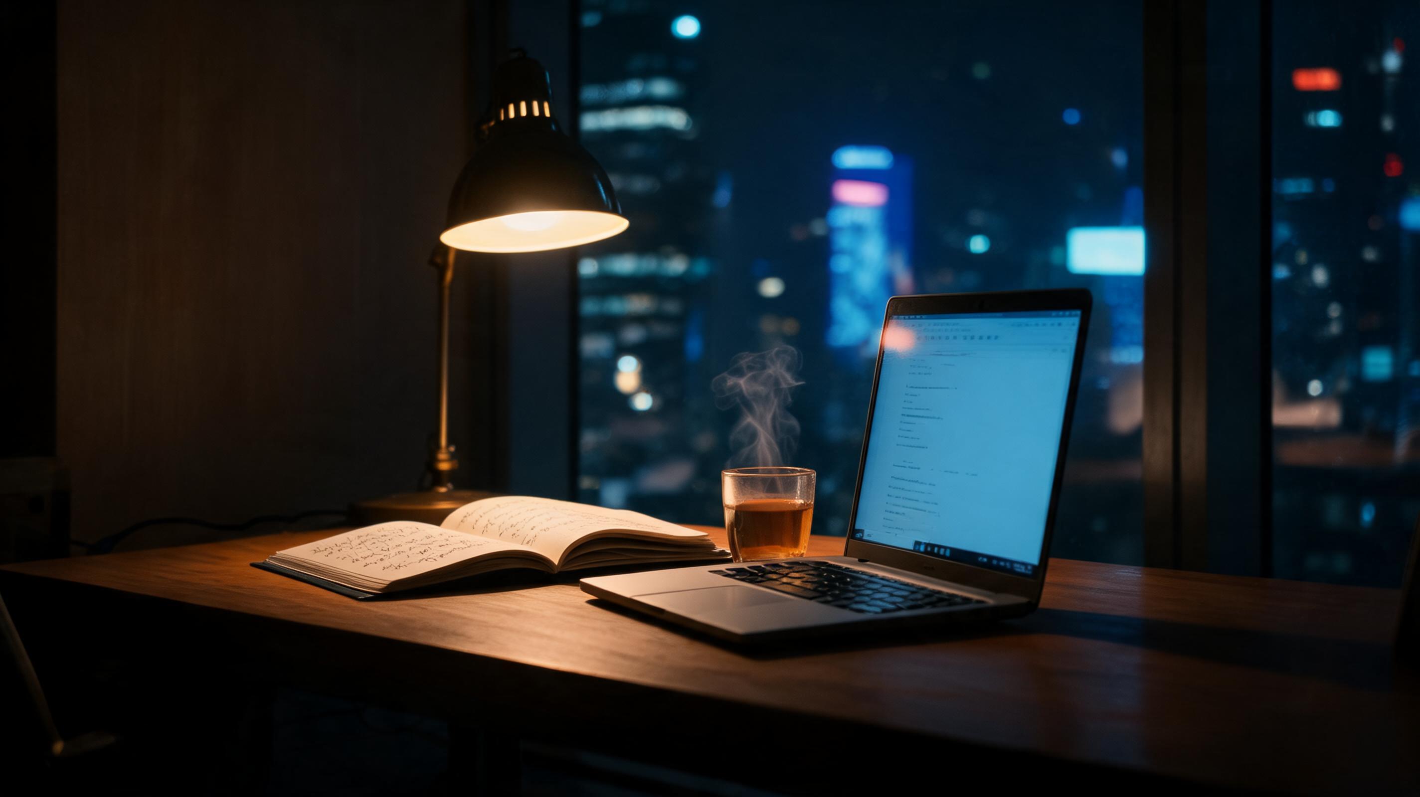 深夜书桌的暖光台灯与笔记