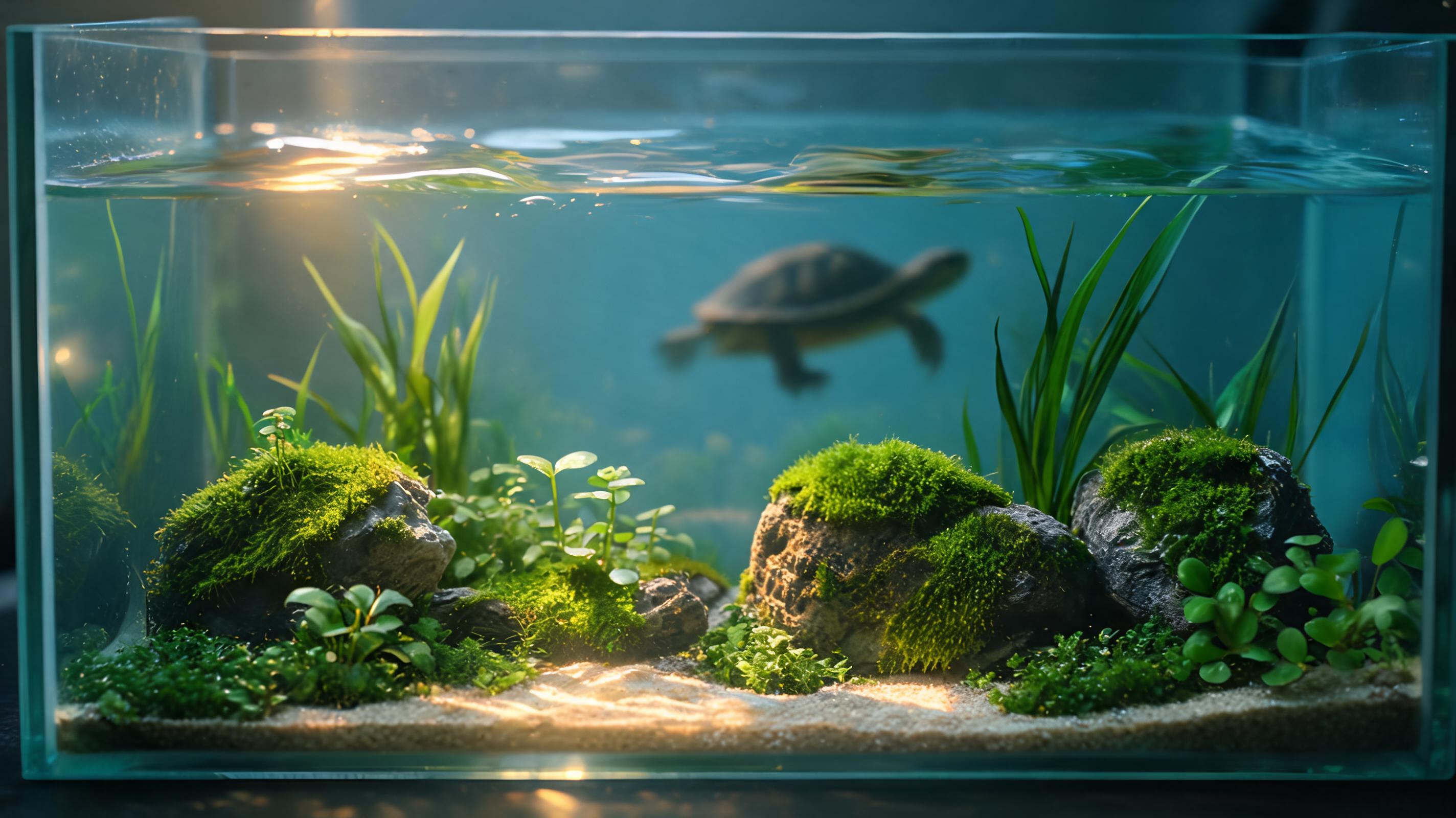 迷你水族缸里的水草与小乌龟