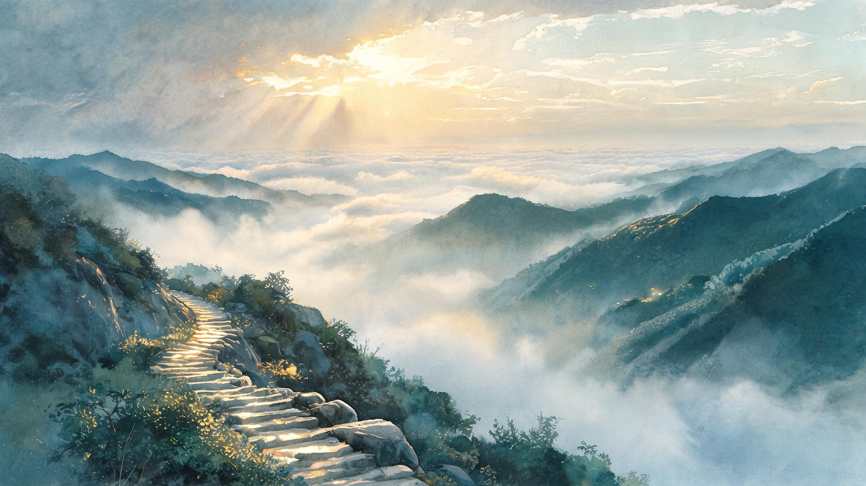 山间云雾中的小径与远山
