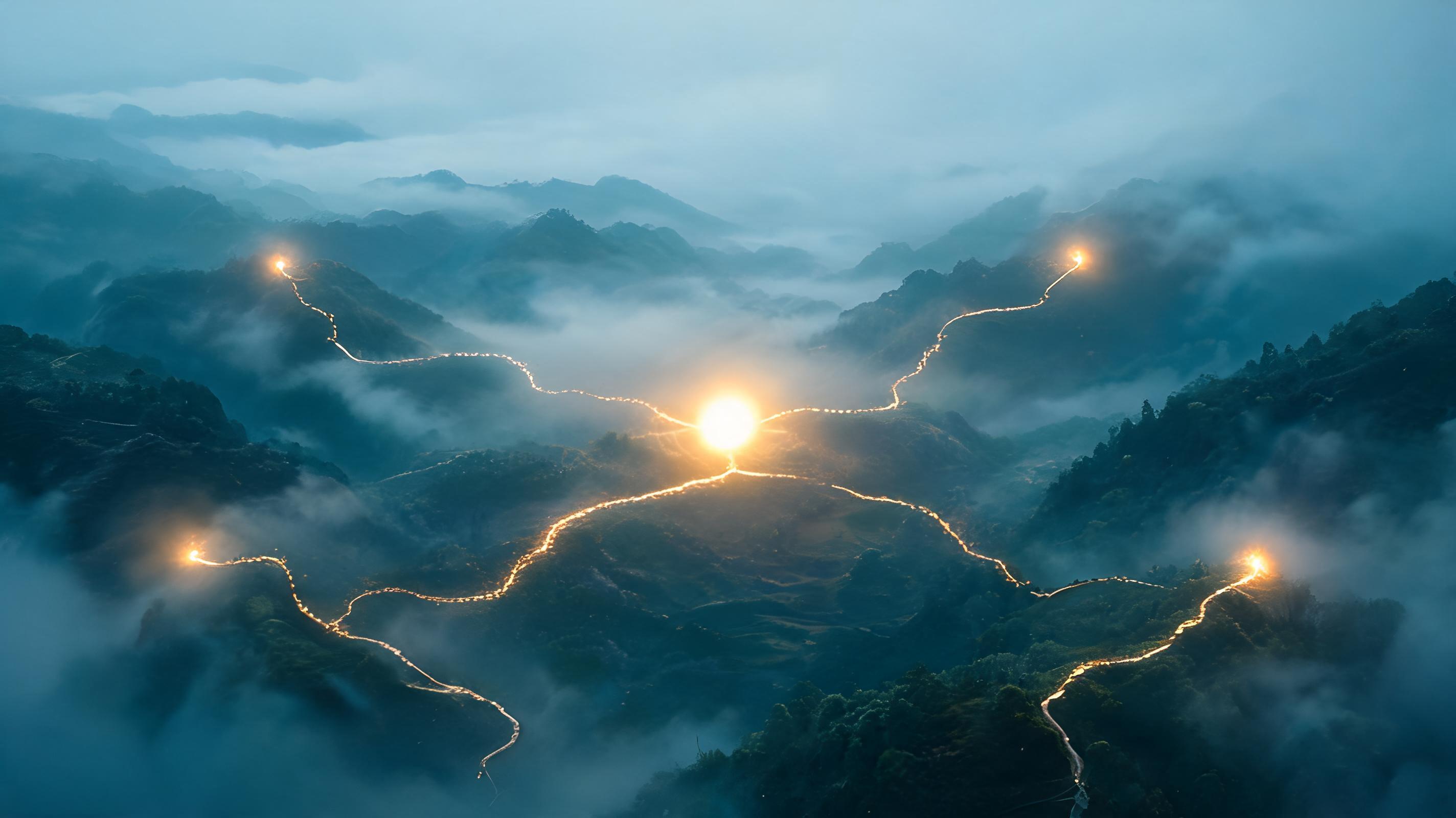 山谷里发光的圆圈与延伸出去的光点